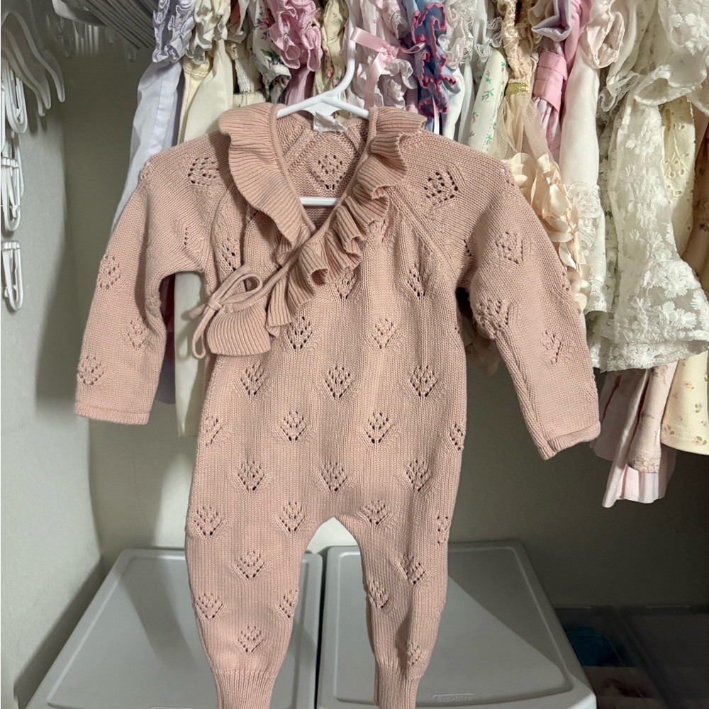 Jamie Kay pink knit ruffle wrap romper/jumpsuit 3-6 months